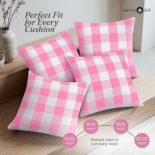 Native Fab Premium Throw Pillow Covers 2 Pack, 18x18 Inches, 100% Cotton, Charming Buffalo Check, Soft, Washable Cushion Cases, Farmhouse Decor for Valentines, Bridal Shower, Home, Rose Pink & White - color: Buffalo Rose Pink, size: 18" x 18" (Pack of 2)