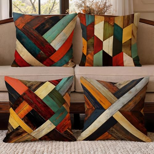 OBSEDE Retro Colored Wood Grain Geometry Decorative Throw Pillow Covers 18 × 18 in, Set of 4, Couch Cushion Cases Inserts for Sofa Bed Living Room Home Decor, Single Side Print - color: Retro Woodgrain Geometric Art, size: 18" x 18" (Pack of 4)