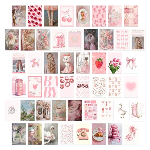 KBKBART 50Pcs Pink Coquette Room Decor Aesthetic Pictures, Pink Posters Coquette Room Decor, 4"x6" Wall Collage Kit for Teen Girls Dorm Bedroom, Cute Pictures Trendy Wall Art Prints - color: Pink Coquette, size: 4x6 inch x 50pcs