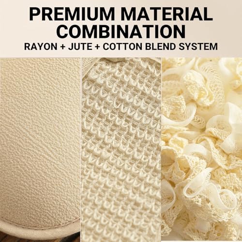 3 Pack Exfoliating Body Scrubber Set – Shower Gloves, Natural Back Scrubber Strap & Bath Pouf Sponge – Jute Cotton Blend Wash Mitt for Full Body Shower Routine & Daily Skin Care
