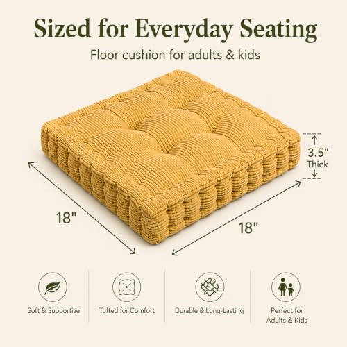 ChezMax Floor Pillow & Cushion, Large Meditation Chair Cushions, Thick Square Seat Pad, Soft Velvet Tufted Seating Pouf for Indoor/Outdoor Yoga Bench Rocking Chair Room Tatami Sofa, Yellow 18" x 18" - color: Dark Yellow M