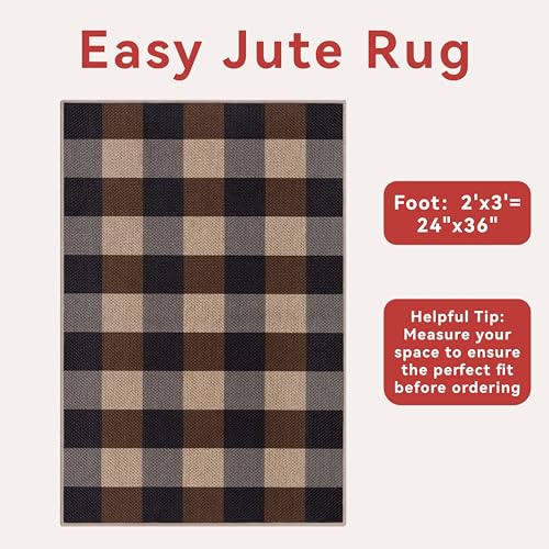 Tangsoo Checkered Easy Jute Rug, 2x3 Washable Ultra Thin Rug for Entryway Non-Slip Black Brown Outdoor Rug,Modern Front Door Mat Carpet for Kitchen Bedroom Porch Doorway - color: Brown Checkered, size: 2x3ft