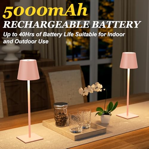 Kakanuo Pink Cordless Rechargeable Table Lamp 5000mAh Battery Operated Lamps, 3 Colors Stepless Dimming Touch Lamp for Living Room, Kitchen Counter, Dining, Outdoor Patio, 2 Pack - color: Pink, size: 2 Pack 14in - Up and Down Light