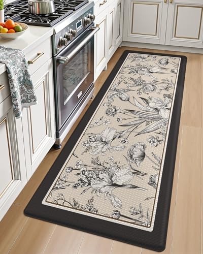 LUMI Anti Fatigue Kitchen Cushioned Mat for Floor, Padded Waterproof Runner for Standing, Stain Resistant Comfort Rugs for Home, Sink, Laundry, 24x59 - color: Cream Black, size: 59"L x 24"W x 0.4"Th