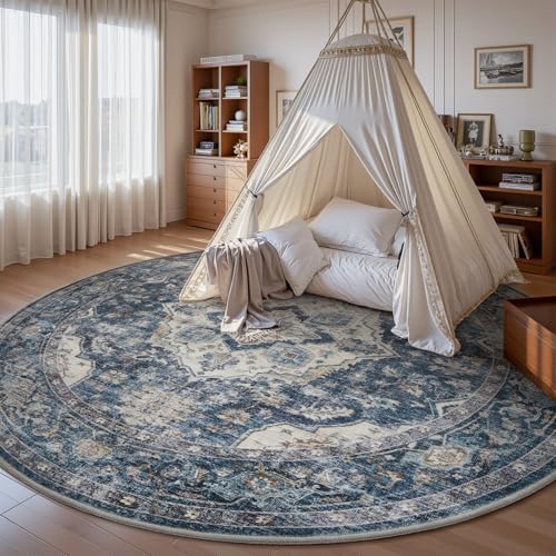 AMOAMI-6FT Round Rug-Rugs for Living Room-Vintage Soft Blue Rugs for Bedroom-Non Slip Circle Rug-Machine Washable Rug for Dining Room Living Room Bedroom Office Under Table - color: Blue, size: 6' (Round)