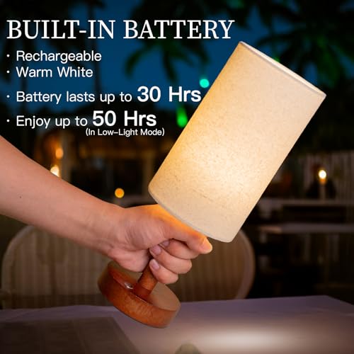 LALISU Cordless Table Lamp, 3 Color Dimming Portable Battery Lamp, Touch Control Wood Base Small Bedside Lamps for Night Stands, Living Room, Office(LED Bulb Included) (Cordless Wood Base) - color: Beige Shade+Cordless Wood Base