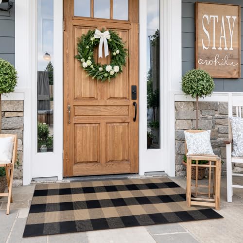 KIMODE Front Door Mat Outside Entrance 24"x51",Black and Tan Checkered Outdoor Rug,Farmhouse Fall Front Porch Rug Decor,Cotton Woven Washable Layering Rug for Front Door,Outside Entrance,Kitchen - color: Black/Brown, size: 2' x 4'3" (Rectangular)