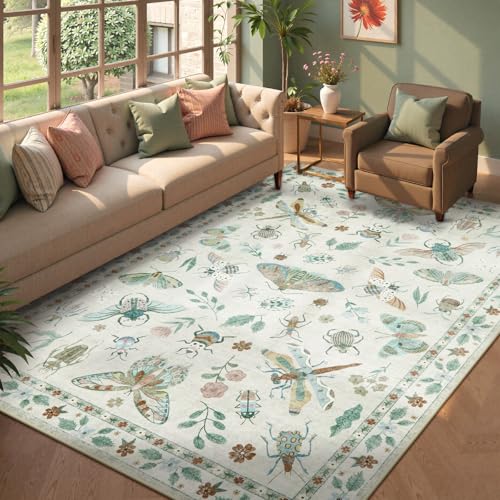 Beeiva Insect Print Rug 6x9, Washable Carpet for Living Room Non Slip, Low Pile Ultra Thin Foldable Large Area Rugs for Bedroom Kids Room Playroom Nursery Home Decor(Beige,6x9ft) - color: Beige, size: 6' x 9' (Rectangular)