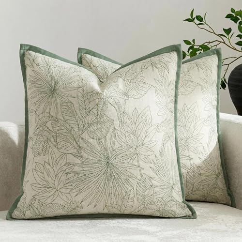 Floral Spring Throw Pillow Covers 18x18 Set of 2 Chenille Velvet Decorative Pillows for Bed Couch Living Room William Morris Farmhouse Cushion Covers Brown Beige - color: Floral Green, size: 18" x 18" (Pack of 2)