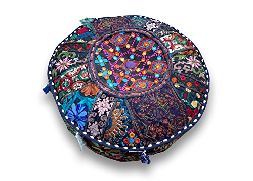 The Harry Creations Decorative Patchwork Comfortable Indian Ottoman Ethnic Cotton Cushion Bean Bag Designs Floor Embroidered Pouf Cover (Blue, 18"x13") - color: Blue, size: 18"x13"