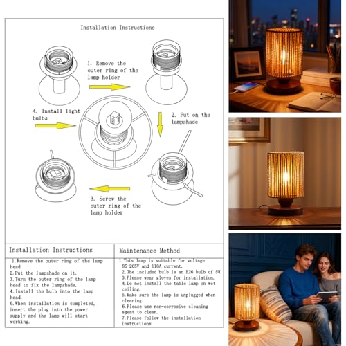 Handmade Rattan Lamp Boho Table Lamp for Bedroom, Small Woven Lamps for Night Stands with Warm White LED Bulb, Coastal Boho Lamp for Living Room Reading Nook Office Desk, 12cm Shade 20cm Height - color: Bohemian