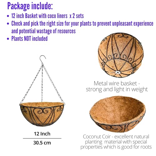 LaLaGreen Hanging Baskets for Plants (12 Inch, 2 Pack) Hanging Flower Pots with Coco Liner, Black Metal Wire Round Basket Plant Holder with Hanger Hook Chain, Outdoor Patio Deck Balcony Garden Decor - size: 12" x 2 Pack