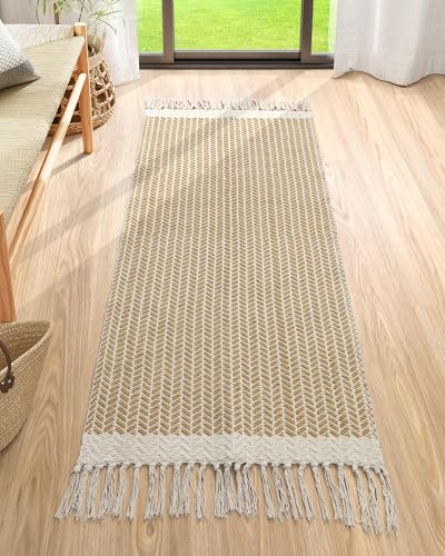 Lahome Belle Boho Bathroom Runner Rug, 2x5 Hallway Runner Rugs Washable Rugs for Entryway Indoor Door Mat with Tassels, Farmhouse Woven Cotton Low Pile Rug Runners for Hallways Laundry Room, Khaki - color: Khaki, size: 2' x 5' (Runner)
