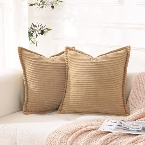 Corduroy Beige Throw Pillow Covers Set of 2 Striped Boho Decorative with Edge Design,Super Soft Khaki Throw Pillow Cushion Covers for Couch Sofa Living Room Solid Square 18×18inch,Light Brown - color: Beige, size: 18" x 18" (Pack of 2)