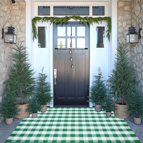 CAINANEL Buffalo Plaid Outdoor Rug Green and White Spring Door Mat Layering Rug Welcome Doormats for Spring Easter Farmhouse Entrance Porch Outdoors Decor - color: Green and White, size: 3' x 5' (Rectangular)