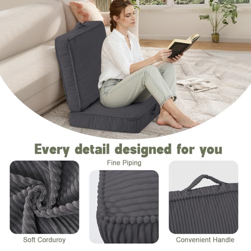 Floor Pillow for Adults Set of 2, 4" Square Floor Cushions with Washable Cover, Large Corduroy Meditation Pillow, 24 inches Tatami Seat with Handle for Living Room or Yoga, Dark Grey - color: Dark Grey, size: 24x24x4.2 inch