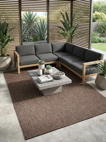Angela Easy Jute Indoor Outdoor Rug, 8x10 Natural Solid Jute Look, Polyester, Durable & Easy Care Outdoor Farmhouse Carpet for Patio, Porch, Living Room (8' x 10', Brown) - color: 2001 - Brown, size: 8' x 10' (Rectangular)