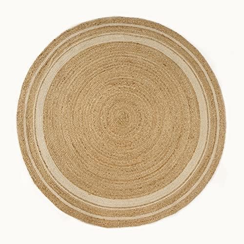 GRUHUM Handwoven 5ft Jute Area Rug Natural Fiber Cotton Round Boho Farmhouse Rustic Vintage Soft Braided Reversible EcoFriendly Rugs- Indoor Kitchen Bedroom Living Room Hallways (5' ft Round) - color: Natural- 14, size: 5' (Round)