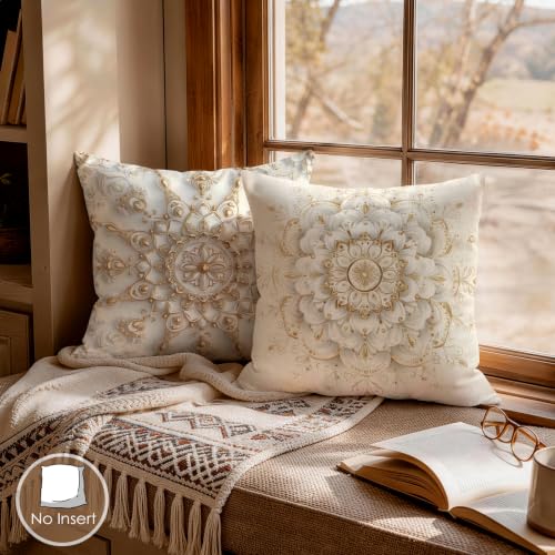 OBSEDE Golden Mandala Decorative Throw Pillow Covers 18x18 Inches Set of 4, Faux Linen Printed Cushion Covers for Couch Sofa Living Room Bedroom Home Decor - color: Golden Sacred Mandala
