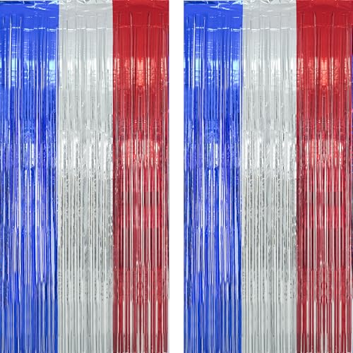 Blue Silver Red Party Streamers - GREATRIL Patriotic Tinsel Foil Fringe Backdrop Decorations for 4th of July/Independence Day/Memorial Day Party Supplies 3.2ft x 8.2ft 2 PCS - color: Blue Silver Red