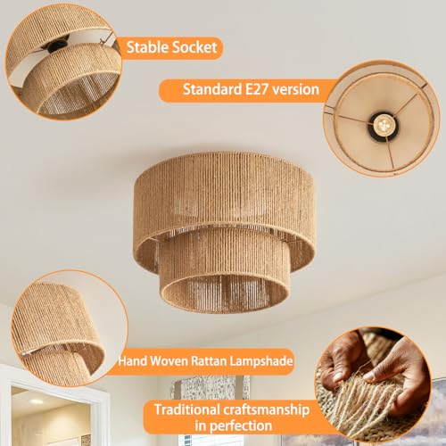 NUODIFAN Boho Semi Flush Mount Ceiling Light Gold Rattan Ceiling Light Double Layer 15.7" Farmhouse Ceiling Lamp with Natural Hemp Rope Lampshade for Dining Room Living Room Bedroom Kitchen