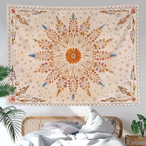 Fowocu Boho Floral Mandala Tapestry for Bedroom Aesthetic Watercolor Bohemian Flower Wall Tapestry Brown Beige Hippie Indian Large Tapestries Wall Hanging for Living Room Dorm Decor 80 x 60 Inch - color: Brown Yellow, size: 80"L x 60"W