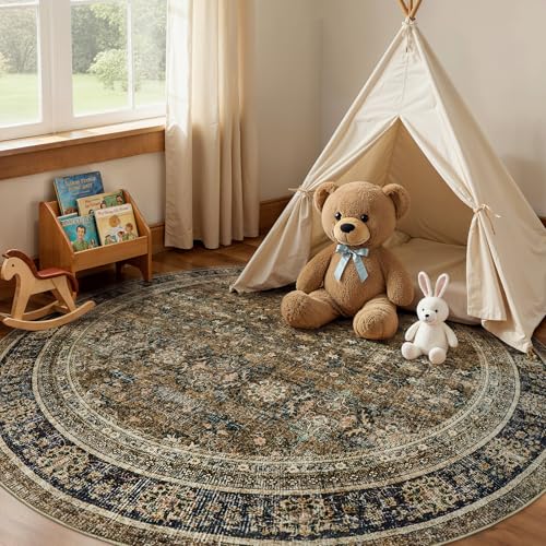 WITSHOCK 8ft Round Area Rugs for Living Room - Washable Vintage Rug Retro Antique Dark Large Non Slip Low Pile Soft Boho Indoor Floor Carpet for Bedroom Dining Room Home Decor, Brown Olive Green - color: Brown/Olive Green/Purple, size: 8' (Round)