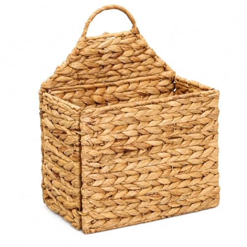 Hanging Wall Basket - Flat Back Woven Storage Organizer for Mail, Books, and Magazines - Decorative Wall Hanging Basket Decor for Front Door, Entryway, and Farmhouse Home Decor, Beige