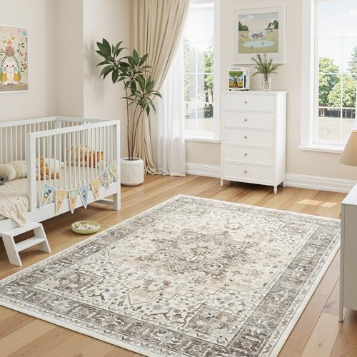 5x7 Neutral Camel Farmhouse Bedroom Rug - Vintage Traditional Oriental Brown Area Rugs for Living Room, Nursery Room, Washable Boho Distressed Floral Non-Slip Rug Low Pile Stain Resistant - color: Camel, size: 5' x 7' (Rectangular)