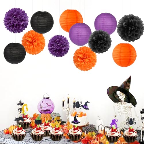 Purple-Orange Black Party-Decorations Paper-Flowers Lanterns - 15PCS Halloween Tissue Pom Poms Streamers,Vintage Birthday Retro Baby Bridal Shower Wedding Bachelorette Hanging Supplies Decor Hugfond - color: Black Orange Purple