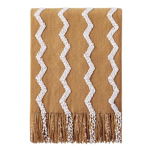 BOURINA Fluffy Chenille Knitted Fringe Throw Blanket Lightweight Soft Cozy for Bed Sofa Chair Throw Blankets, 60" x 80",Mustard - color: A-mustard, size: 60"×80"