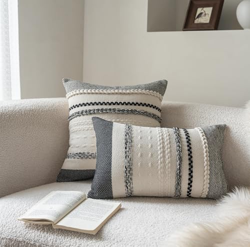 Cethom Boho Throw Pillow Covers 18x18 Inch Set of 2, Black Textured Decorative Couch Pillow Cases for Farmhouse Home Decor, Accent Cushion Cover for Sofa, Bed, Living Room, Bedroom - color: Black, size: 20" x 12" (Pack of 2)