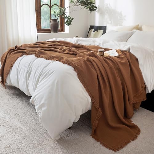 FOSSA Muslin Blanket with Fringe - 4-Layer 100% Cotton Gauze Super Soft & Breathable Throw -Lightweight Decorative Cooling Blanket for Bed, Sofa, Office (Dark Orange, Super King (108" × 98")) - color: Dark Orange, size: Super King (108" × 98")