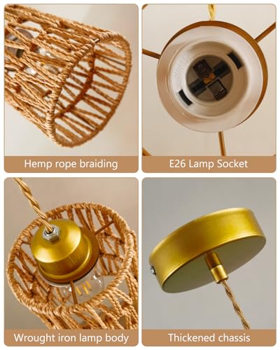 1-Light Rattan Pendant Light Boho Hand-Woven Chandelier, Farmhouse Hemp Rope Pendant Lights for Dining Room, Small Wicher Chandelier Ceiling Hanging Light for Kitchen lsland Bedroom Hallway - color: 4.72″-Cylindrical