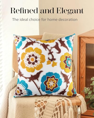 Embroidered Throw Pillow Cover - 18x18 Decorative Pillow Cover with Zipper Aesthetic Cute Design Boho Spring Summer Cozy Throw Pillowcase for Living Room Couch Sofa Bed, Floral - color: Floral, size: 18" x 18" (Pack of 1)