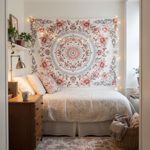 Motanber Pink Floral Tapestry Wall Hanging Boho Mandala Medallion Tapestry Aesthetic Watercolor Flower Cute Small Tapestries for Bedroom Living Room Dorm Decor 60 x 44 Inch - color: Light Pink, size: 60"L x 44"W