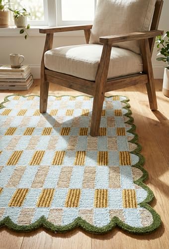 Hand Tufted Wool Rug with Scalloped Edges, Light Blue Plaid Pattern, Soft Area Rug for Living Room, Bedroom, and Nursery, Handmade Modern Accent Rug, Meadow Sky, 8'x10' - size: 8' x 10' (Rectangular)