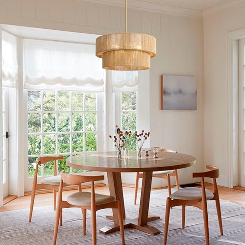 18'' Boho Rattan Chandelier Hand Woven Chandelier Light Fixture 3-Light Farmhouse Drum Pendant Light for Dining Room Bedroom Kitchen Hallway Foyer - color: 18" Rattan Gold