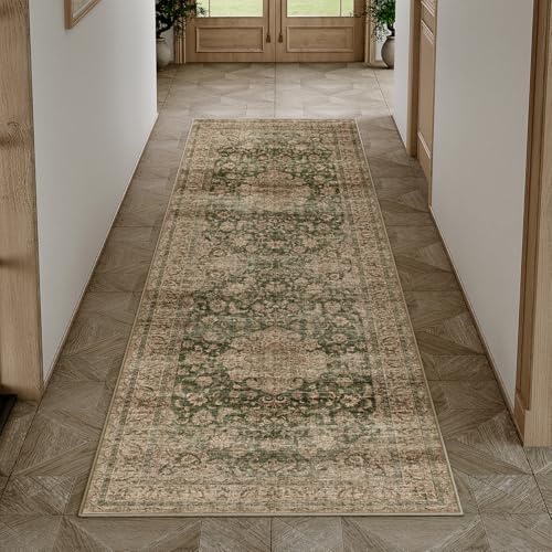 2x6 Washable Runner Rug Green Brown Vintage Non Slip Soft Low Pile Hallway Kitchen Rug Distressed Oriental Carpet for Laundry Bathroom Bedroom Living Room Home Decor - color: Green/Brown, size: 2' x 6' (Runner)