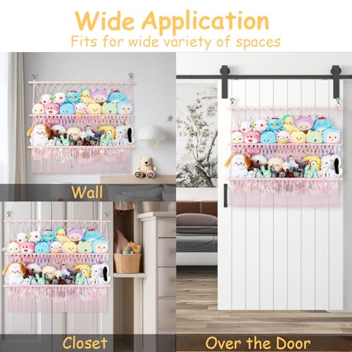 2 Tier Stuffed Animal Storage Shelf Net, 35x30'' Large Plushie Net w/ 2.4/1'' Dense Mesh for Mini Medium Stuffy Teddy, Pink Boho Macrame Plushies Storage Holder w/ Lights&Clips for Nursery Decor - color: Light Pink, size: Large-2 Tier-35x30 Inch