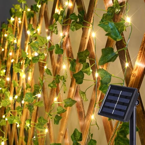 suddus Solar Ivy String Lights Outdoor Waterproof, 33Ft 100 LED Fake Vines with Lights, Artificial Greenery Leaf Fairy Light for Privacy Fence, Wall, Patio, Garden, Balcony Decor (Warm White) - color: Ivy, size: 33Ft*1pack
