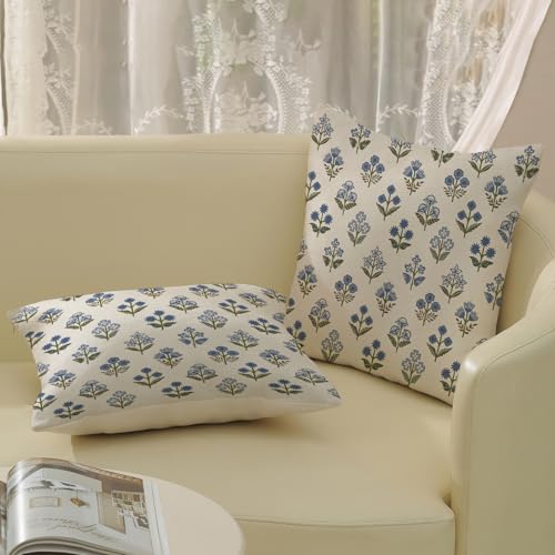 Blue Green Pillow Covers 16x16 Inch 2 Pcs Block Print Vintage Floral Decor Throw Pillows Boho Flower Spring Summer Outdoor Seasonal Decoration Pillowcase Linen Cushion Cover for Couch Sofa - color: Blue Green Block Print Floral, size: 16" x 16" (Pack of 2