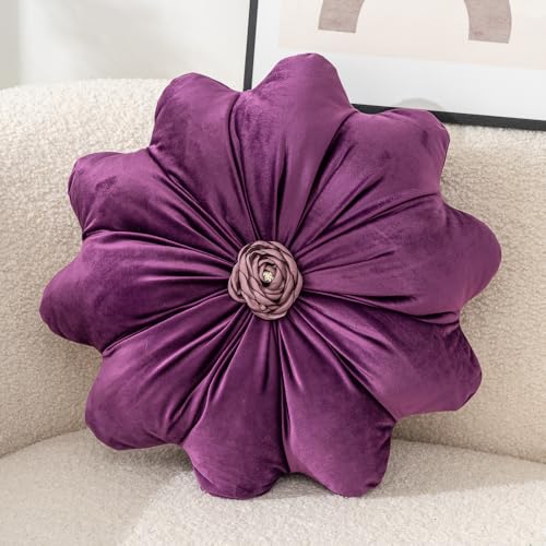 15.7 Inches Round Throw Pillows Velvet Flower Chair Cushion for Couch Sofa Chair Bed Home Decoration - color: Purple