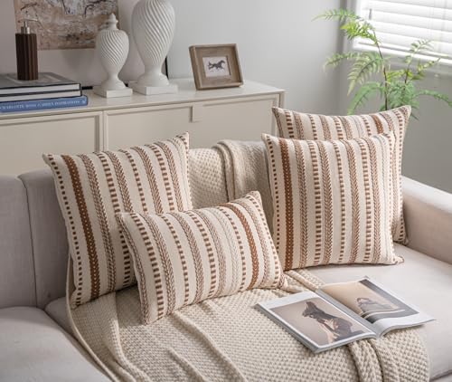 Cethom Brown Boho Throw Pillow Covers 22x22 Inch Set of 2, Stripe Textured Decorative Couch Pillow Cases for Bed, Sofa, Living Room, Bedroom, Farmhouse Home Accent Cushion Covers - color: Brown, size: 22" x 22" (Pack of 2)