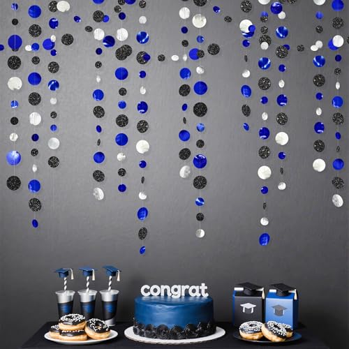 46Ft Navy Blue Black Silver Circle Dots Garland Royal Blue Black Polka Dots Streamer for Birthday Graduations Wedding Bridal Baby Shower Nautical Ahoy Achor Pirate Theme Party Decorations Supplies - color: Black Blue