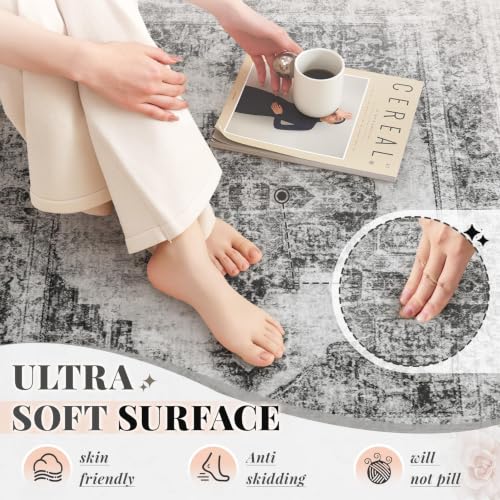 Area Rug 2x6 Runner Rugs: Washable Vintage Hallway Rug Indoor Medallion Rugs Low Pile Distressed Floor Carpet Retro Accent Rug for Kitchen Bedroom Bathroom Dining Room(Black, 2'x6') - color: Black, size: 2' x 6' (Rectangular)