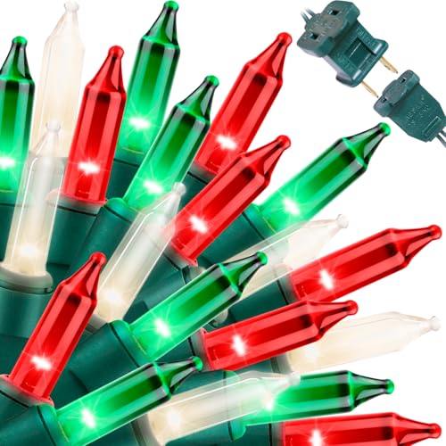 LAMPHOME Super-Bright Extendable Warm White Green red Christmas Lights Decoration 150Lights 31.9ft UL Certified Mini Bulb String Lights for Outdoor Christmas Tree Garden Patio Wedding Decor - color: Red Green Clear 150 Count Green wire
