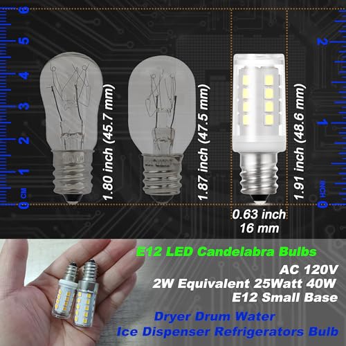 Dryer Light Bulb 120V 10W 25W 40W Equivalent WE05X20431 WP22002263 Appliance Bulb E12 Candelabra Base 2W 300lm 6000K Daylight White for Dryer Drum Water Ice Dispenser Refrigerators Bulb, 2 Pack - color: 6000k Daylight White, size: 2 Watt-Non-dimmable-2 Pa