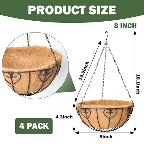 4 Pack 8 Inch Hanging Baskets for Plants Outdoor Metal Hanging Planter Basket with Coco Coir Liner Hanging Flower Baskets for Garden, Patio(Modern) - size: 8 Inch, style: Modern