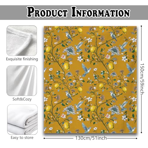 Mustard Yellow Lemon Bird Floral Throw Blanket for Couch, Cottagecore Home Decor, Chinoiserie Hummingbird Botanical Throw Blanket for Bedroom Living Room Home Decoration, 50x60 Inches - color: Color_14